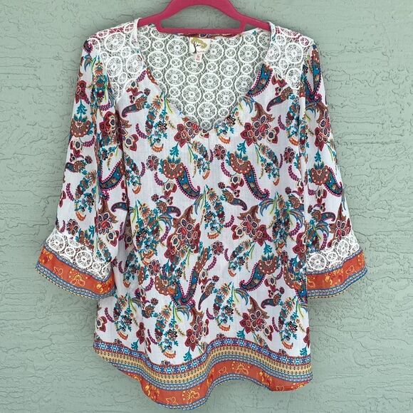 Anthropologie Fig & Flower Sz 1X Floral Eyelet 3/4 Sleeve BOHO Top - Picture 1 of 10